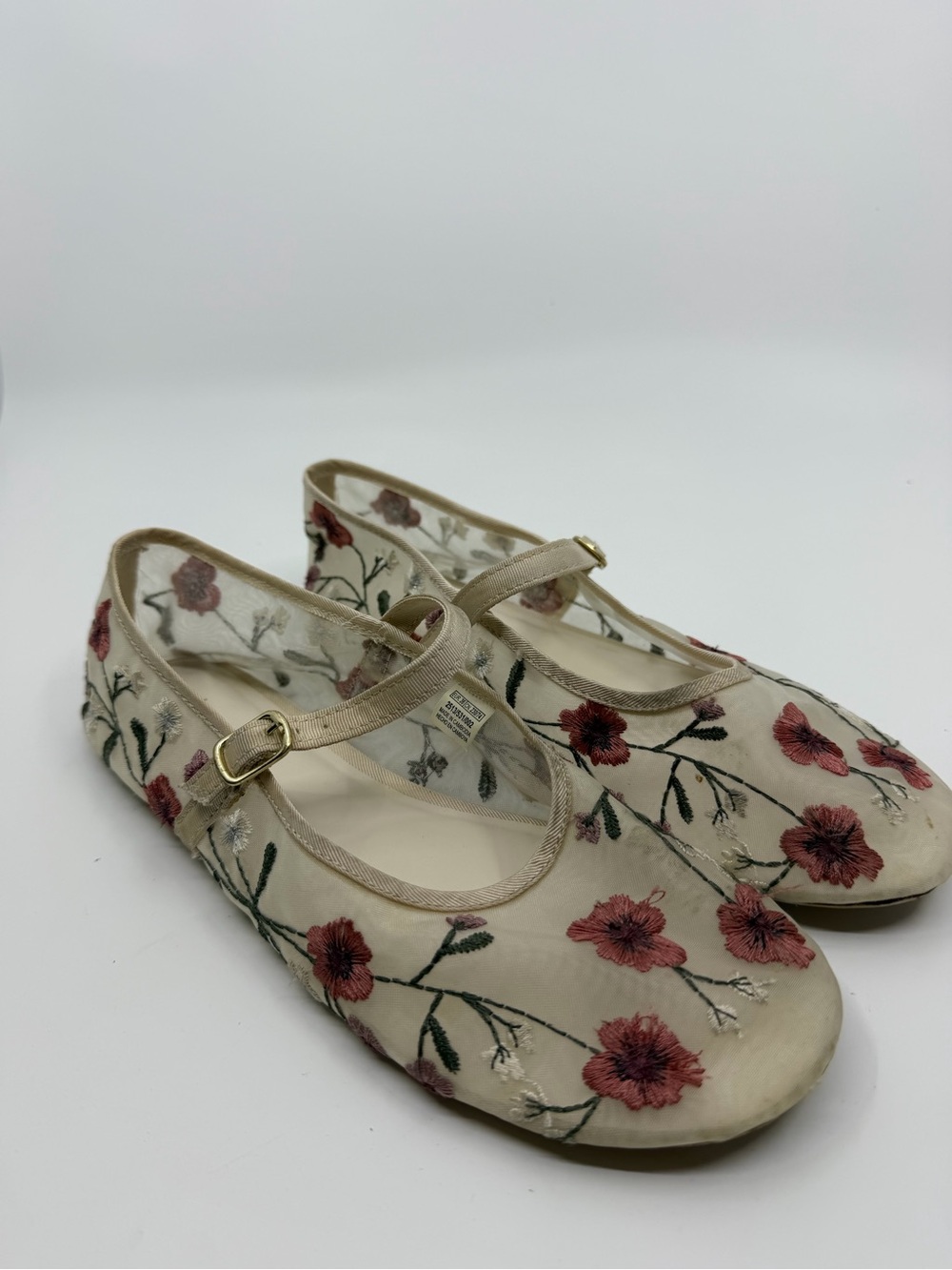Zara Floral Embroidered Mesh Mary Jane Ballet Flats EU 36